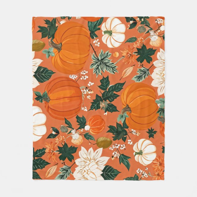 Orange Boho Pumpkin Autumn Floral Pattern Fleece Blanket (Front)