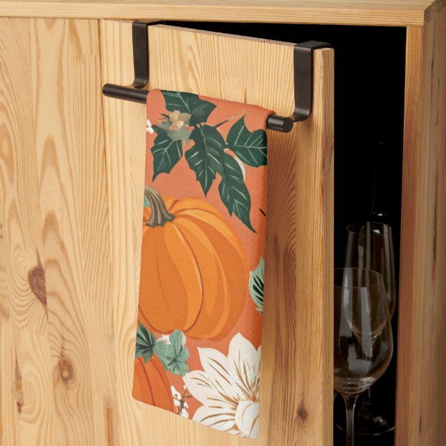 Orange Boho Pumpkin Autumn Floral Pattern Kitchen Towel (Thirds Fold)