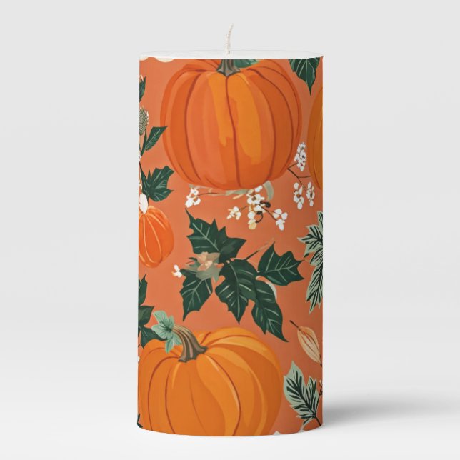 Orange Boho Pumpkin Autumn Floral Pattern Pillar Candle (Front)