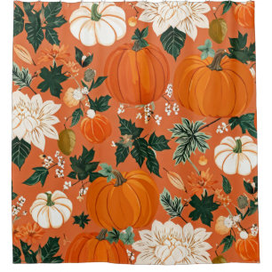 Orange Boho Pumpkin Autumn Floral Pattern Shower Curtain