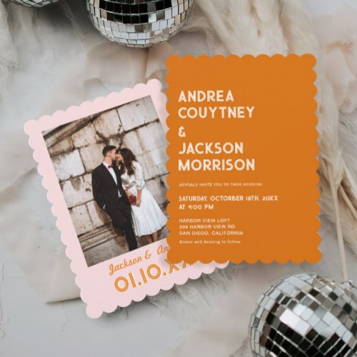 Orange Boho Retro 70s Disco Wedding Invitation