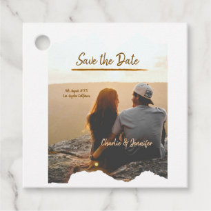 orange boho save the date modern photo couple name favor tags