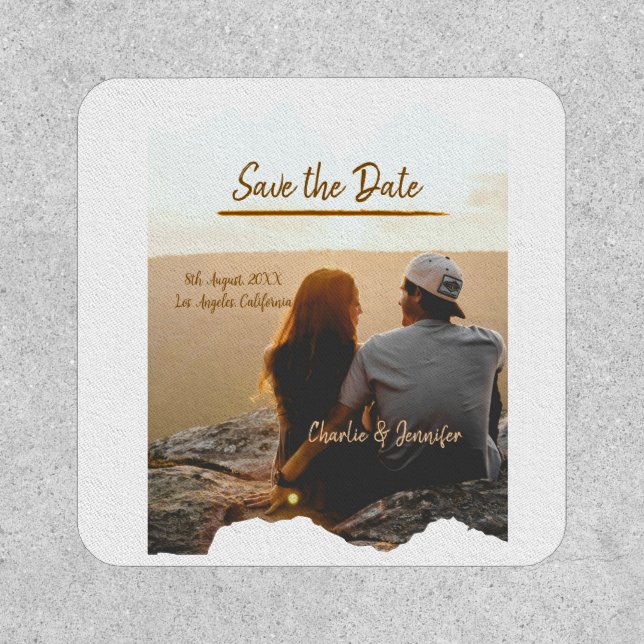 orange boho save the date modern photo couple name patch (Front)