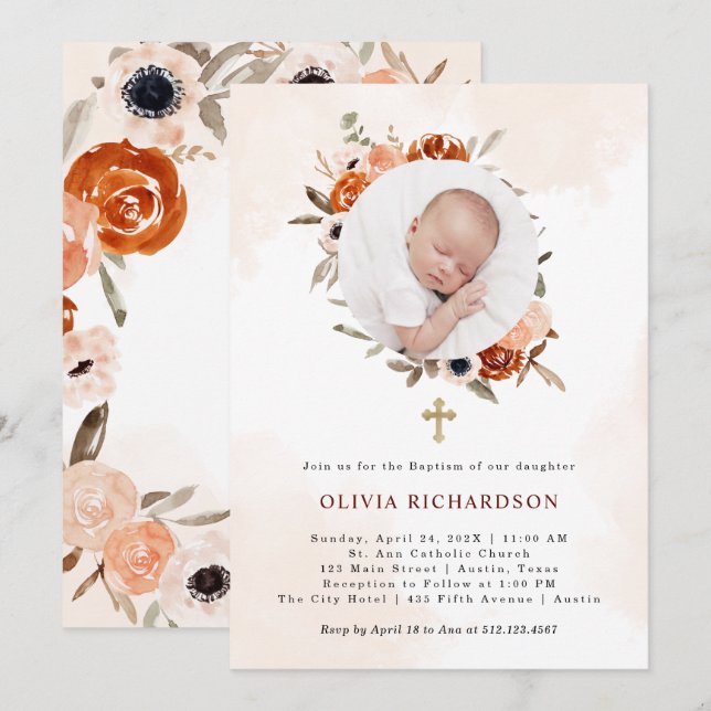 Orange Boho | Watercolor Baptism Photo Invitation (Front/Back)