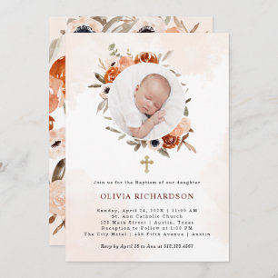 Orange Boho   Watercolor Baptism Photo Invitation