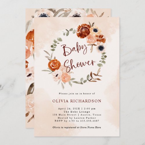 Orange Boho  Watercolor Blush Baby Shower Invitation