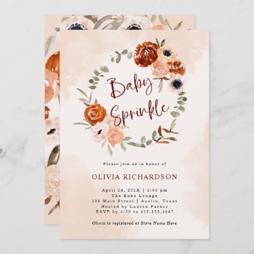 Orange Boho  Watercolor Blush Baby Sprinkle Invitation