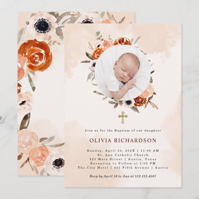Orange Boho | Watercolor Blush Baptism Photo Invitation (Front/Back)
