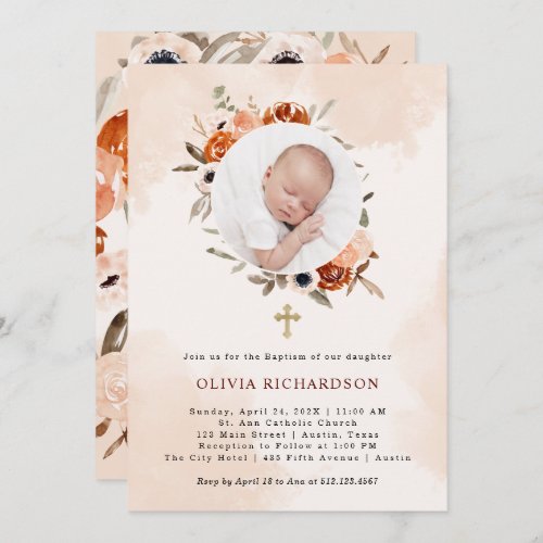 Orange Boho  Watercolor Blush Baptism Photo Invitation