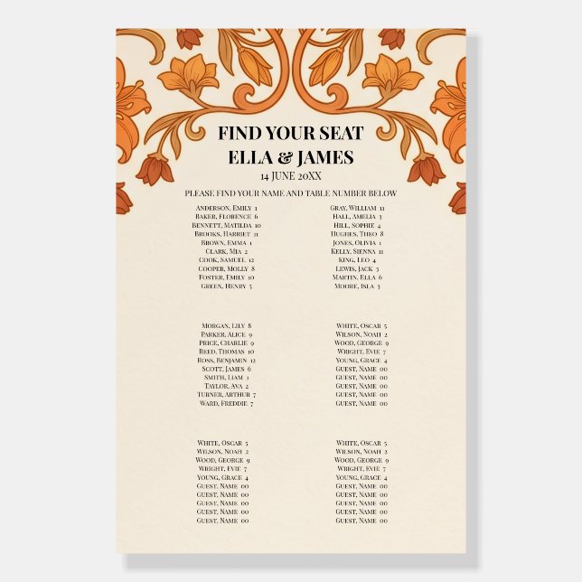 Orange Boho Wedding Seating Chart Sign (Front)