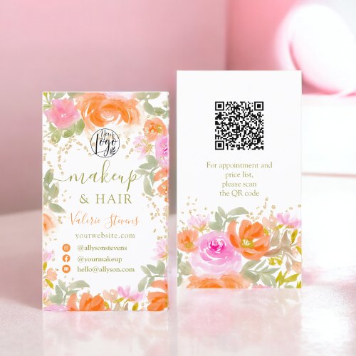 Orange Boho wild flowers watercolor makeup hair Business Card