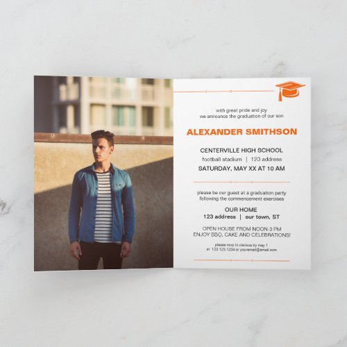 Orange Bold GRADUATE Letters and Cap Graduation Invitation