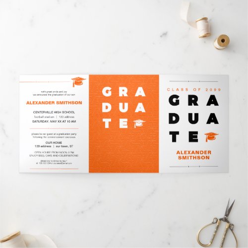 Orange Bold GRADUATE Letters and Cap Graduation Tri_Fold Announcement