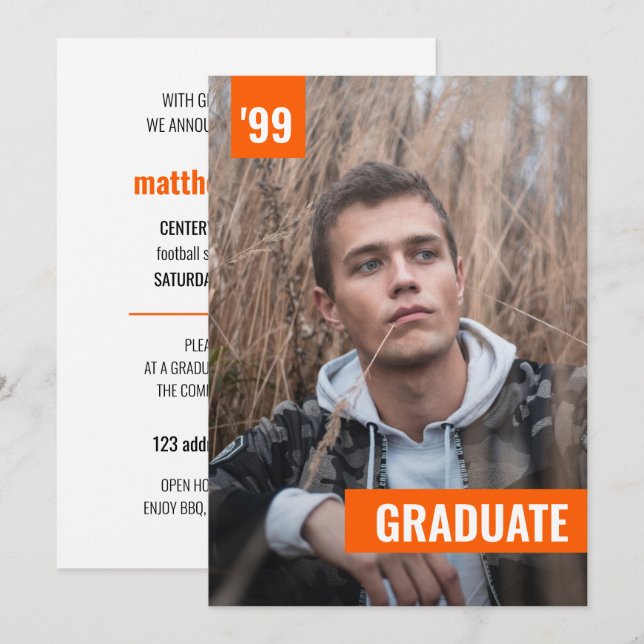 Orange Bold & Modern Photo Graduation Invitation (Front/Back)