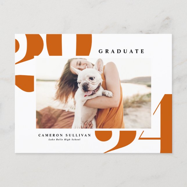 Orange Bold Typography 2024 Photo Graduation Announcement Postcard (Front)