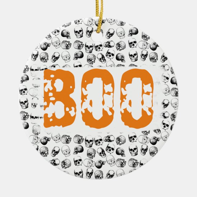 Orange Boo Halloween Spooky Skull Pattern  Ceramic Ornament (Front)