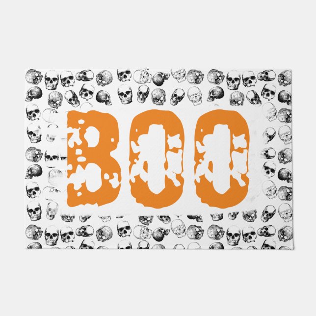 Orange Boo Halloween Spooky Skull Pattern Doormat (Front)