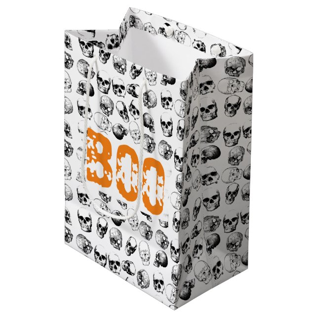 Orange Boo Halloween Spooky Skull Pattern  Medium Gift Bag (Front Angled)