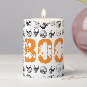 Orange Boo Halloween Spooky Skull Pattern Pillar Candle