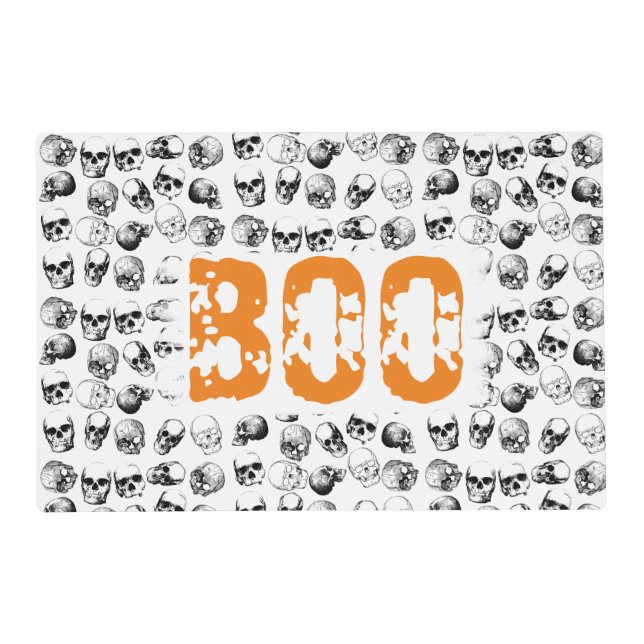 Orange Boo Halloween Spooky Skull Pattern  Placemat (Front)