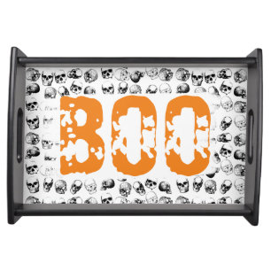Orange Boo Halloween Spooky Skull Pattern Serving Tray