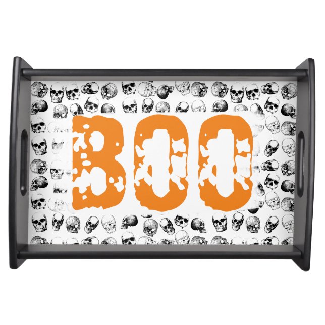 Orange Boo Halloween Spooky Skull Pattern Serving Tray (Front)