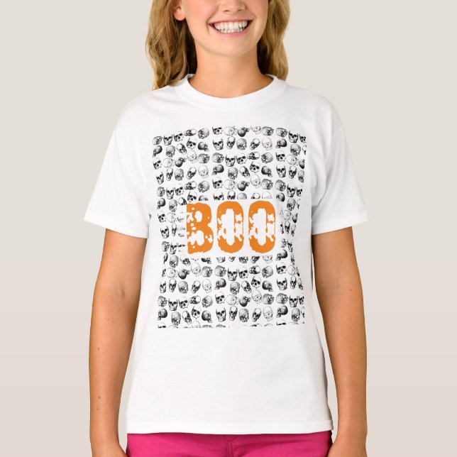 Orange Boo Halloween Spooky Skull Pattern  T-Shirt (Front)