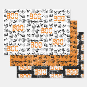 Orange Boo Halloween Spooky Skull Pattern Wrapping Paper Sheets
