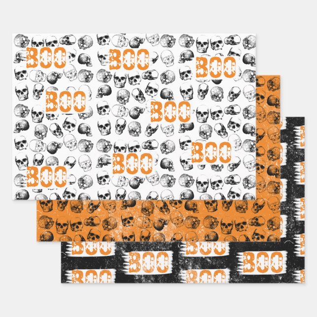 Orange Boo Halloween Spooky Skull Pattern Wrapping Paper Sheets (Set)