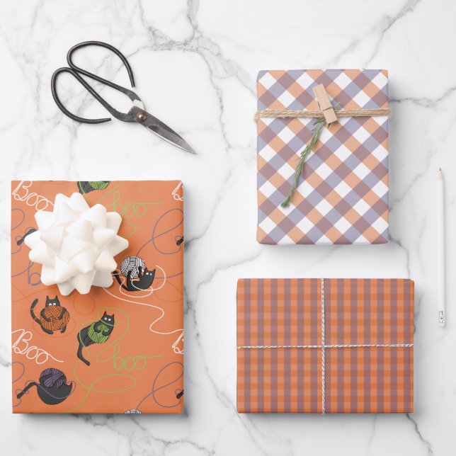 Orange Boo-tifully Tangled Kittens Halloween Wrapping Paper Sheets (Front)
