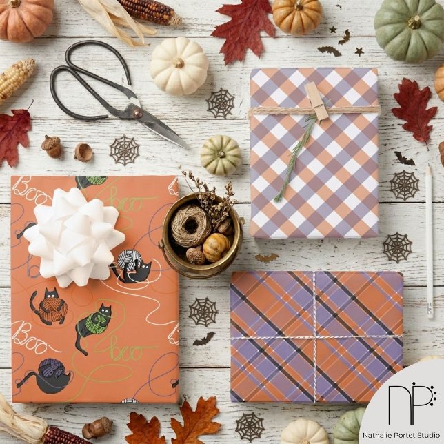 Orange Boo-tifully Tangled Kittens Wrapping Paper Sheets (Hand drawn black cat Halloween gift wrap with colorful yarn balls and festive gingham patterns)