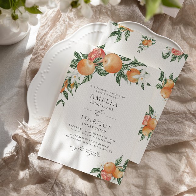 Orange Botanical Citrus Modern Wedding Invitation (Creator Uploaded)