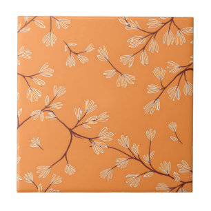 Orange Botanical Pattern White Hand Drawn Branches Ceramic Tile