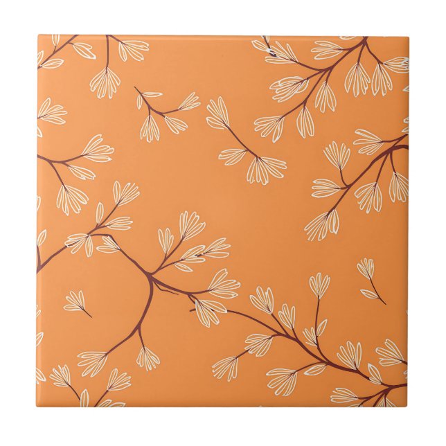 Orange Botanical Pattern White Hand Drawn Branches Ceramic Tile (Front)