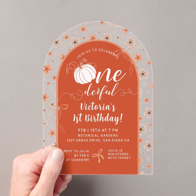 ORANGE BOW & ARCH FALL PUMPKIN FLOWERS BIRTHDAY ACRYLIC INVITATIONS (Insitu (Handheld))