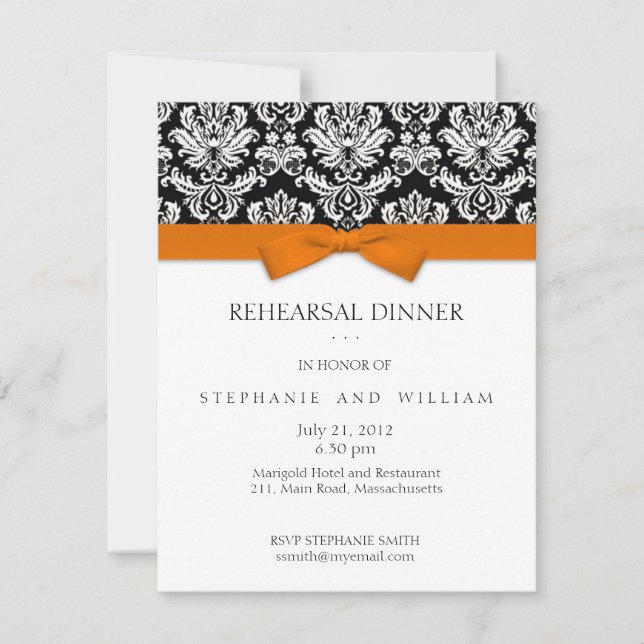 Orange Bow Damask Rehearsal Dinner Invitation (Front)