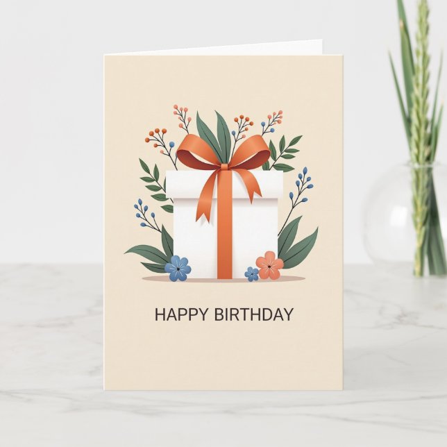 Orange Bow Present Birthday Card (Front)