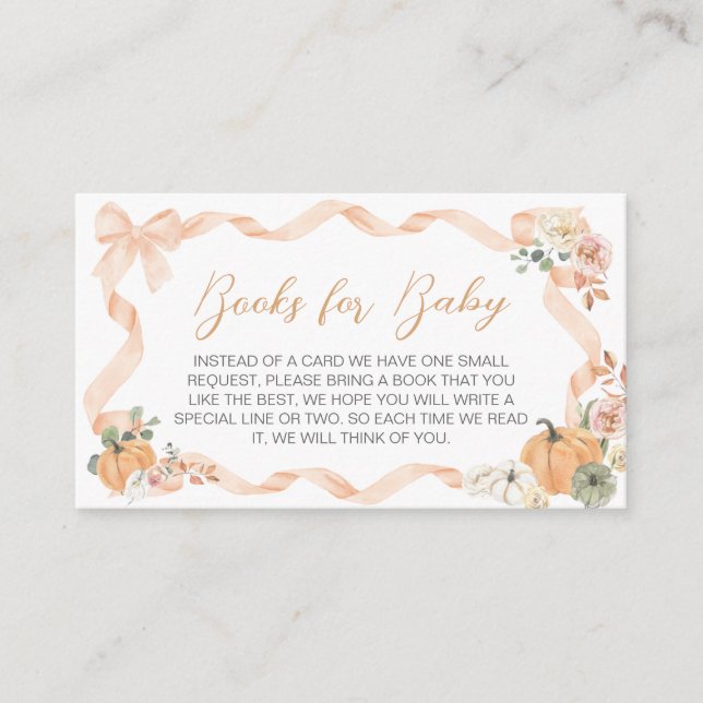 Orange Bow Pumpkin Baby Shower Books for Baby Enclosure Card (Front)
