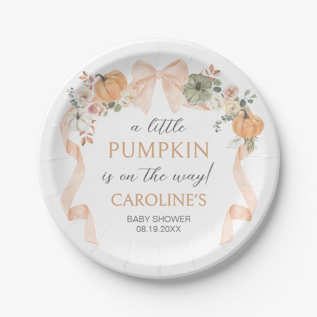 Orange Bow Pumpkin Baby Shower Paper Plates (Front)