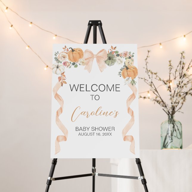 Orange Bow Pumpkin Baby Shower Welcome Sign (In Situ (Stand))