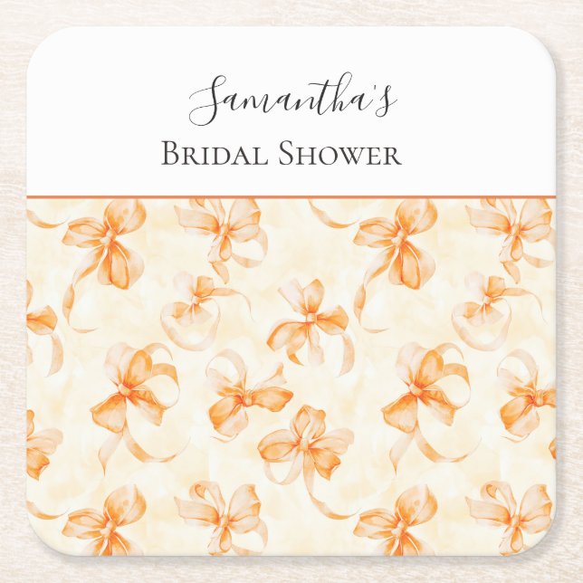 Orange Bows Bridal Shower Square Paper Coaster (Front)