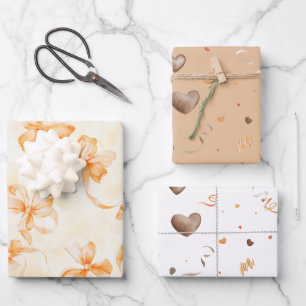 Orange Bows Hearts Chocolate Birthday Wrapping Paper Sheets