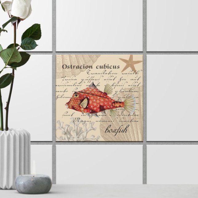 Orange Boxfish Illustration 🐡 Nautical Vintage Ceramic Tile (Orange Boxfish Illustration 🐡 Nautical Vintage Ceramic Tile
)