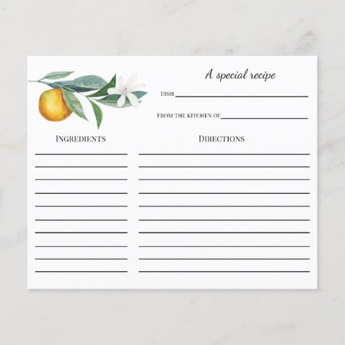 Orange Branch Bridal Shower Recipe card