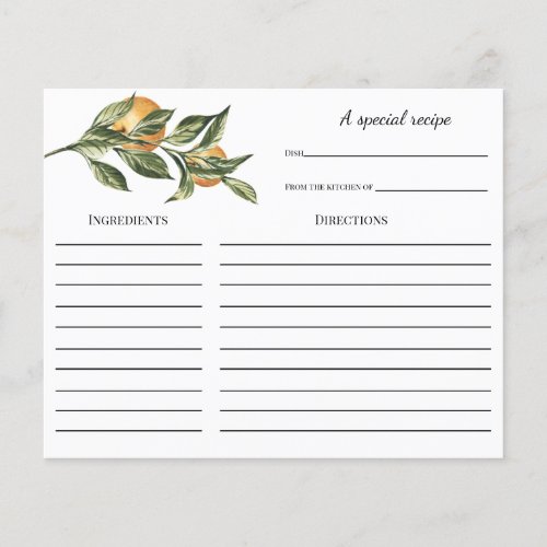 Orange Branch Bridal Shower Recipe card