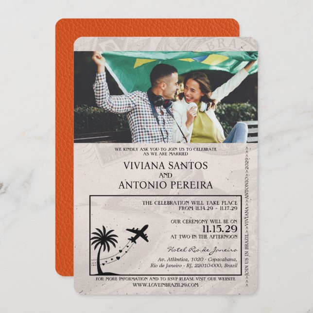 Orange Brazil Passport Wedding Invitation (Front/Back)