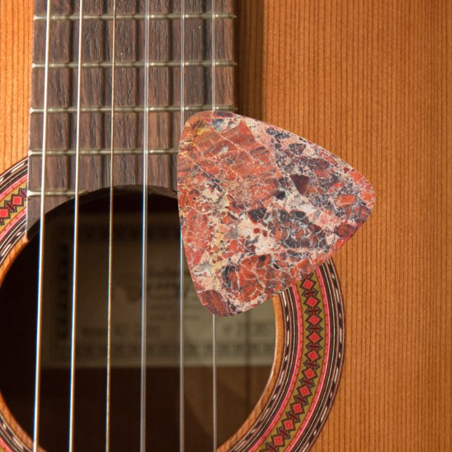 Orange Brecciated Jasper Pattern Image Guitar Pick (In Situ)