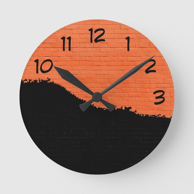 Orange Brick Wall with Black Peeling Paint Round Clock (Front)