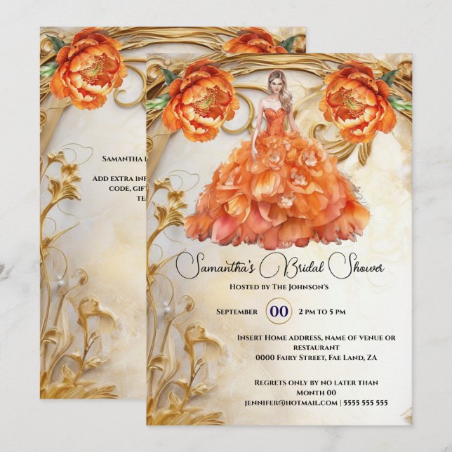 Orange bride to be floral ballgown peony flowers invitation (Front/Back)