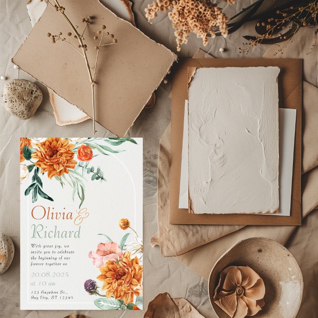 Orange Bright Boho Autumn Floral Wedding Invitation (Creator Uploaded)
